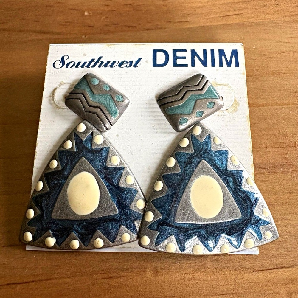 Southwestern Denim Triangle Vintage Stud Earrings, Butterfly Back Closure
